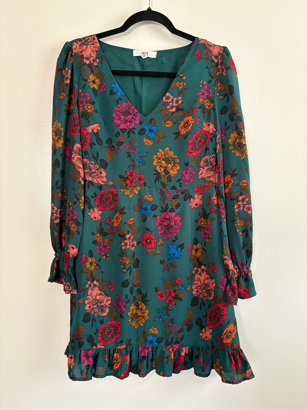 Jack by BB Dakota Petal Down Green Long Sleeve Ruffle Mini Dress V-Neck Size 0